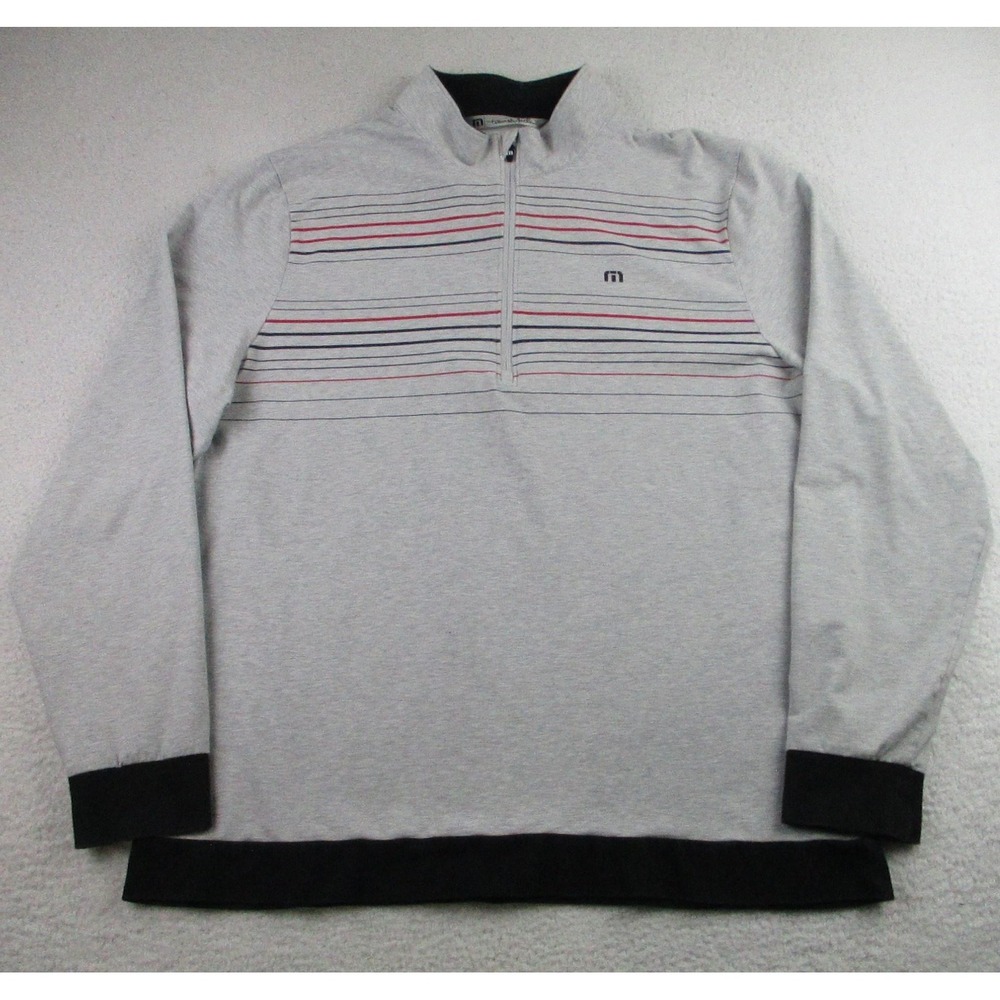 Travis Mathew Sweater Mens 2XL Gray 1/4 Zip‎ Pullover Golf Striped Logo Knit